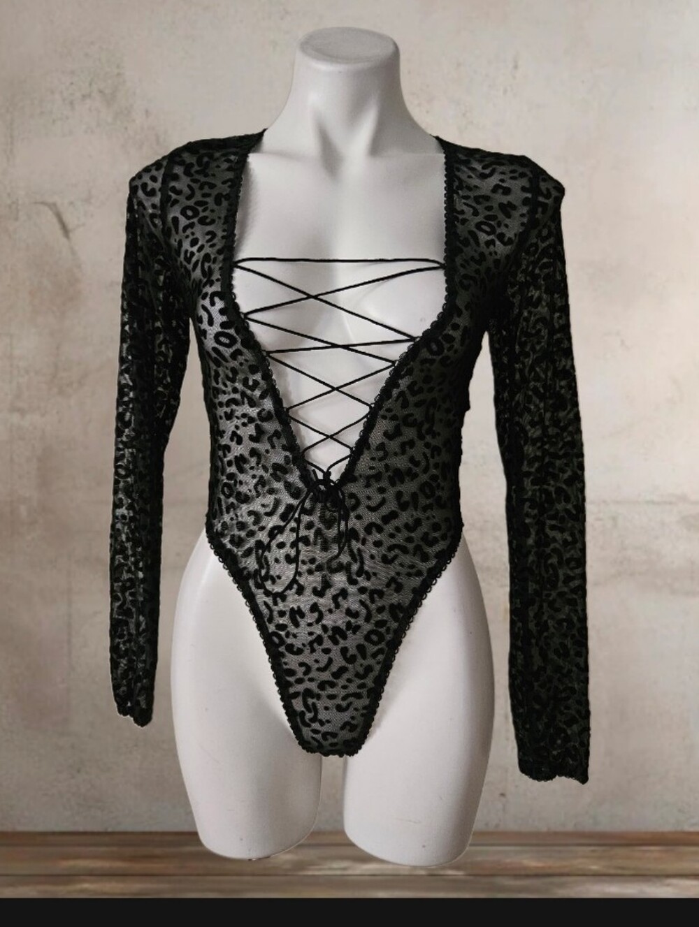 Black Sheer Lace-Up Leopard Bodysuit